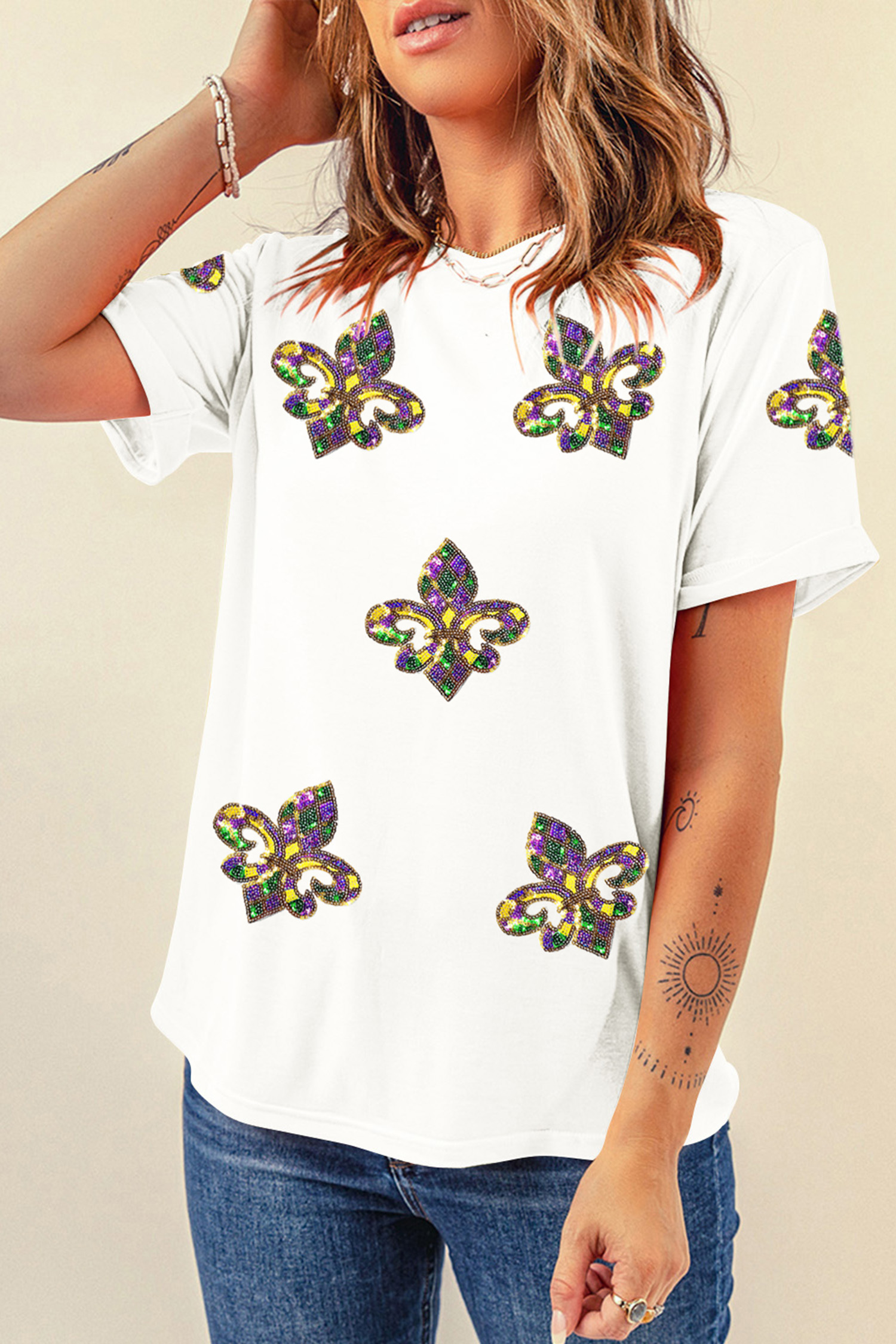 White Maid Gras Sequin Fleur de Lis Graphic T Shirt - loveforevers
