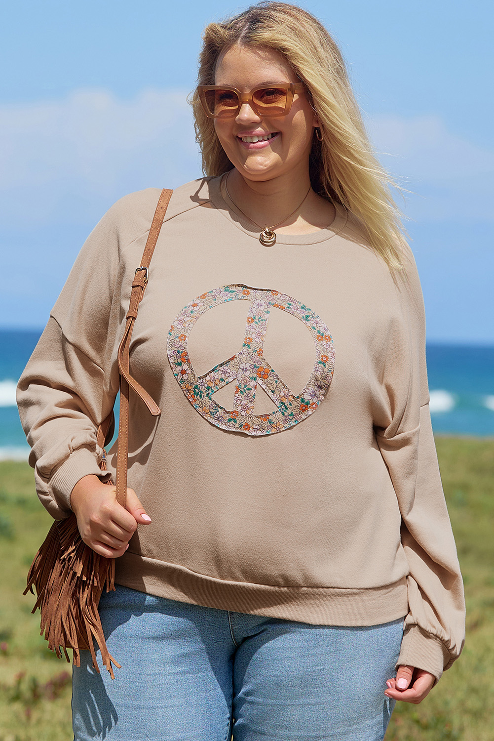 Beige Flower Patch Graphic Exposed Seam Wide Sleeve Top - loveforevers