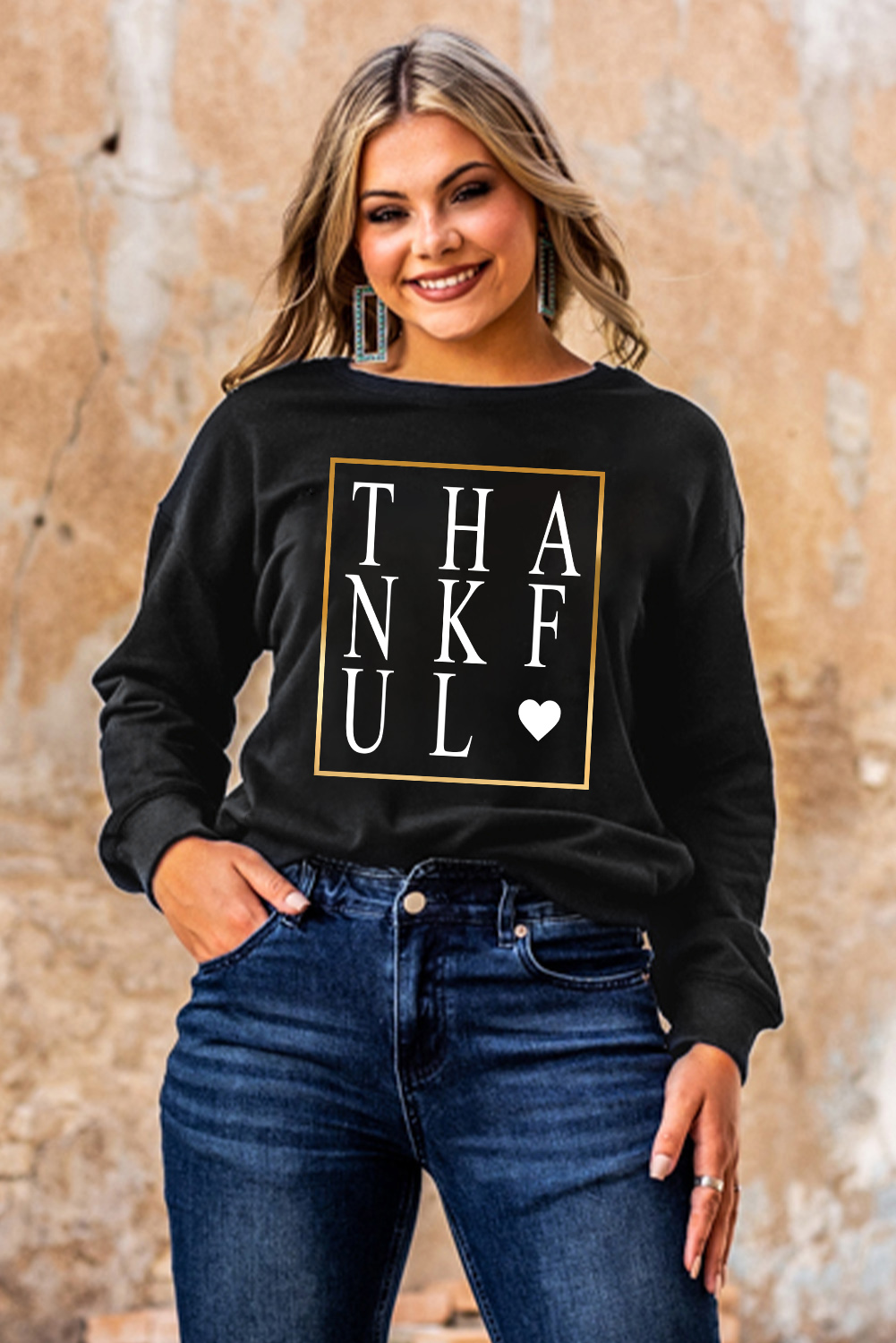 Black THANKFUL Heart Print Long Sleeve Sweatshirt - loveforevers