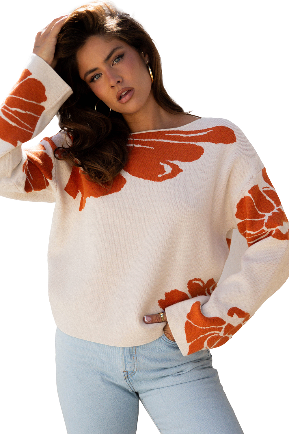 Beige Bold Flower Pattern Wide Sleeve Baggy Sweater - loveforevers