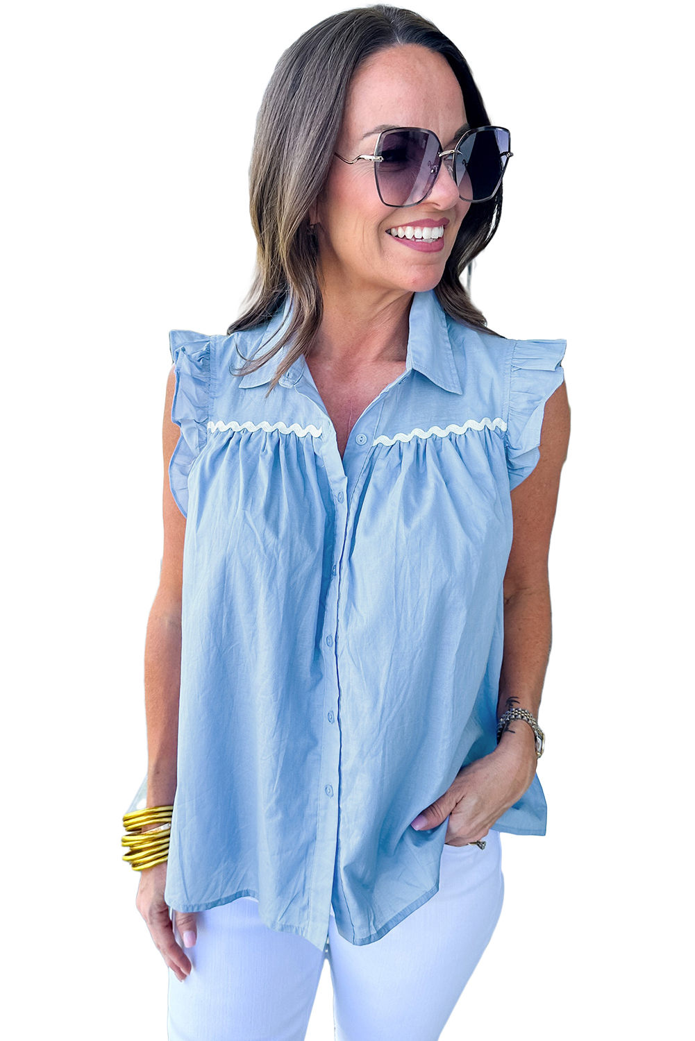 Sky Blue Ric Rac Trim Frilly Sleeveless Shirt - loveforevers