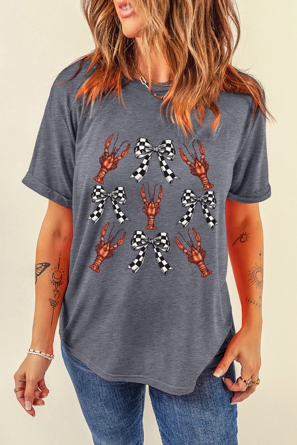 Gray Checkered Bow Crawfish Printed Summer Tee - loveforevers