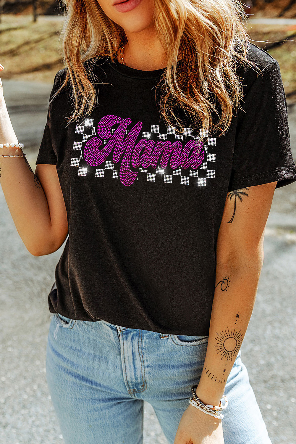 Black Rhinestone Mama Letter Graphic T Shirt - loveforevers