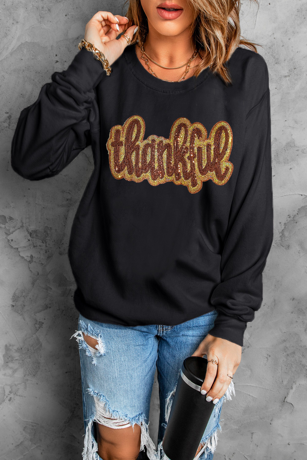 Black Glittering thankful Graphic Drop Shoulder Sweatshirt - loveforevers