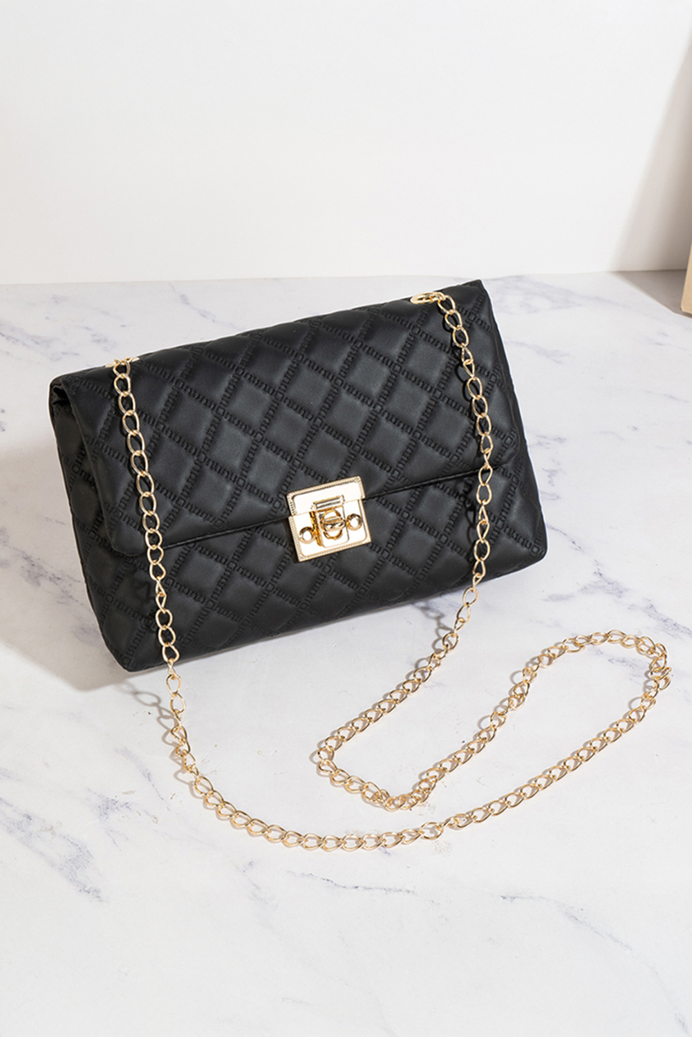 Black Textured PU Leather Gold Chain Buckle Single Shoulder Bag - loveforevers
