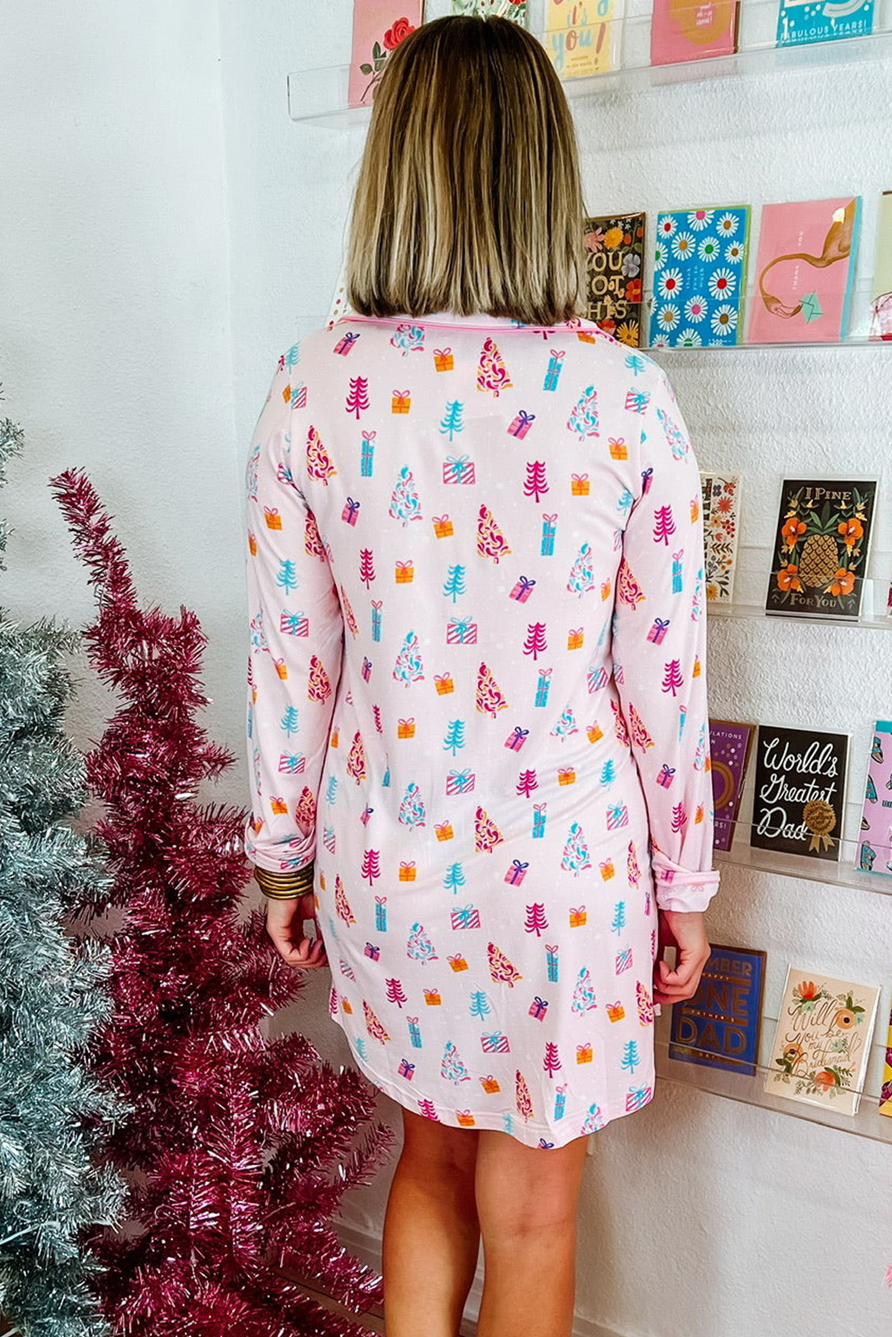 Pink Christmas Twinkle Tree Print Shirt Sleep Dress - loveforevers
