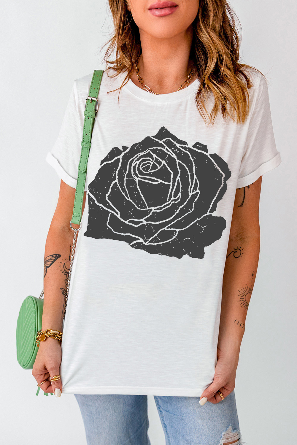 White Large Rose Print Round Neck T Shirt - loveforevers