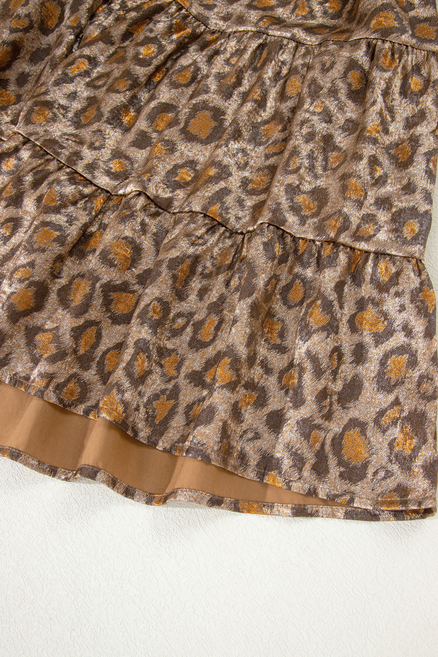 Khaki Leopard Print V Neck Ruffled Sleeve Tiered Loose Mini Dress - loveforevers
