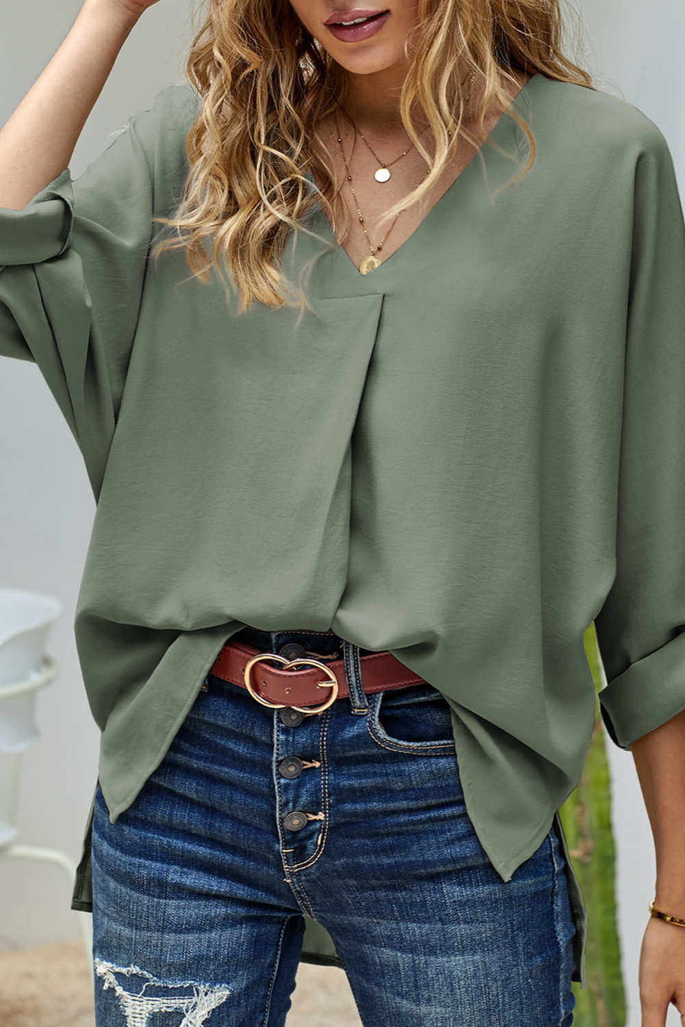 Green V Neck 3/4 Sleeve High Low Hem Shirt - loveforevers