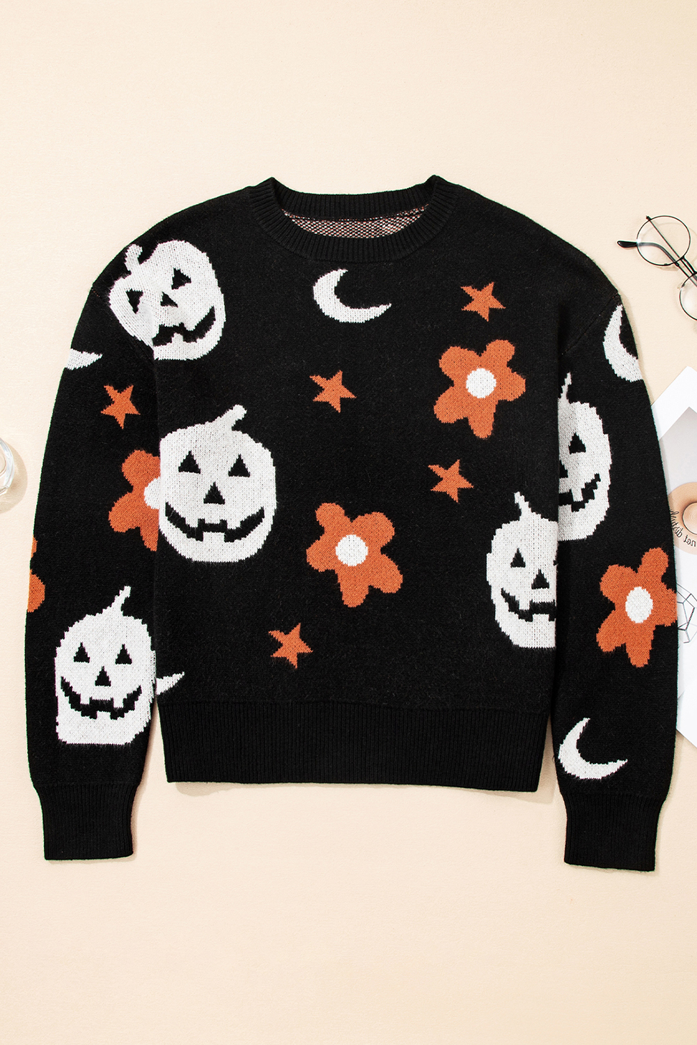 Black Halloween Mythical Night Pattern Drop Shoulder Sweater - loveforevers