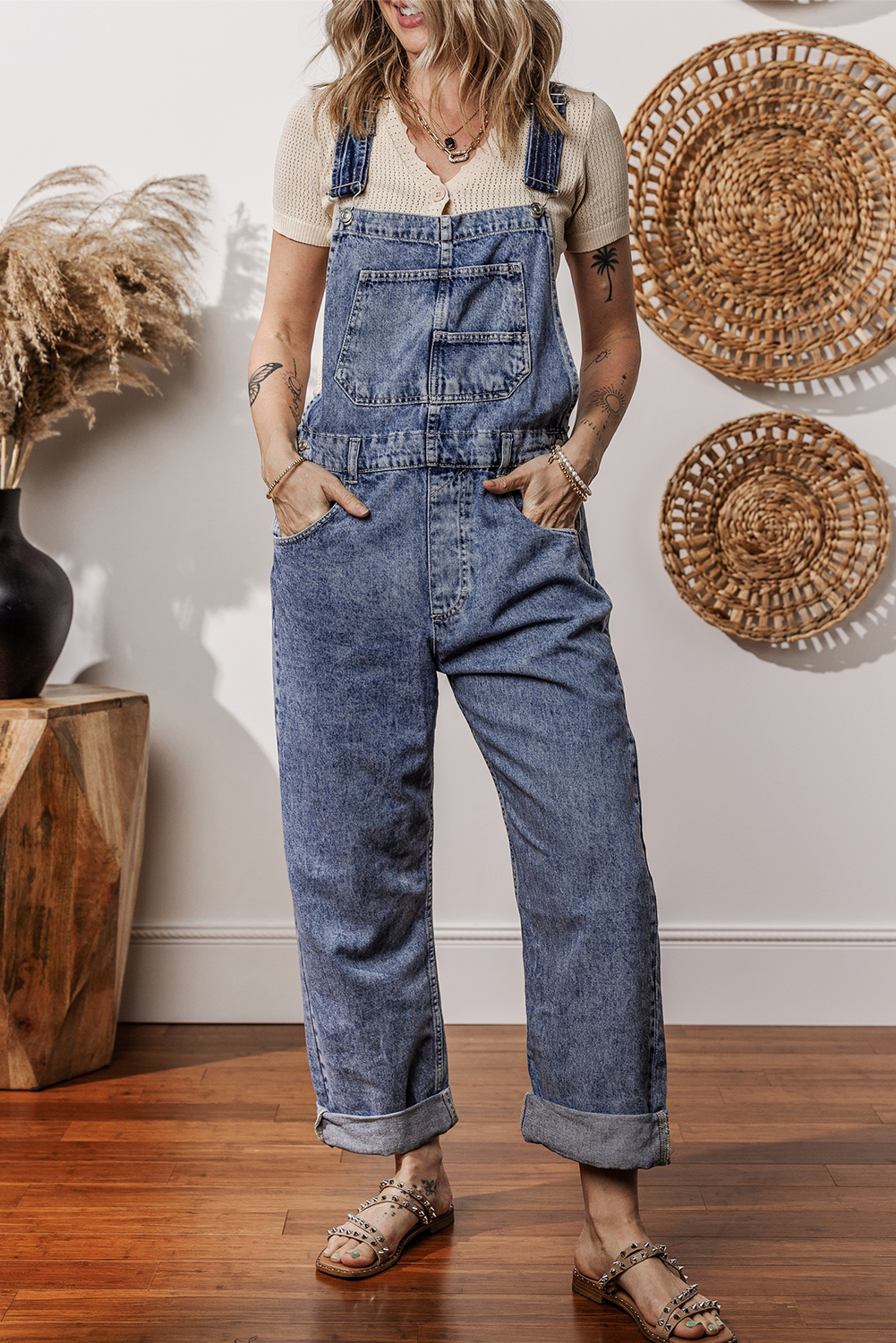 Sail Blue Denim Bib Straight Leg Jumpsuit with Pockets - loveforevers