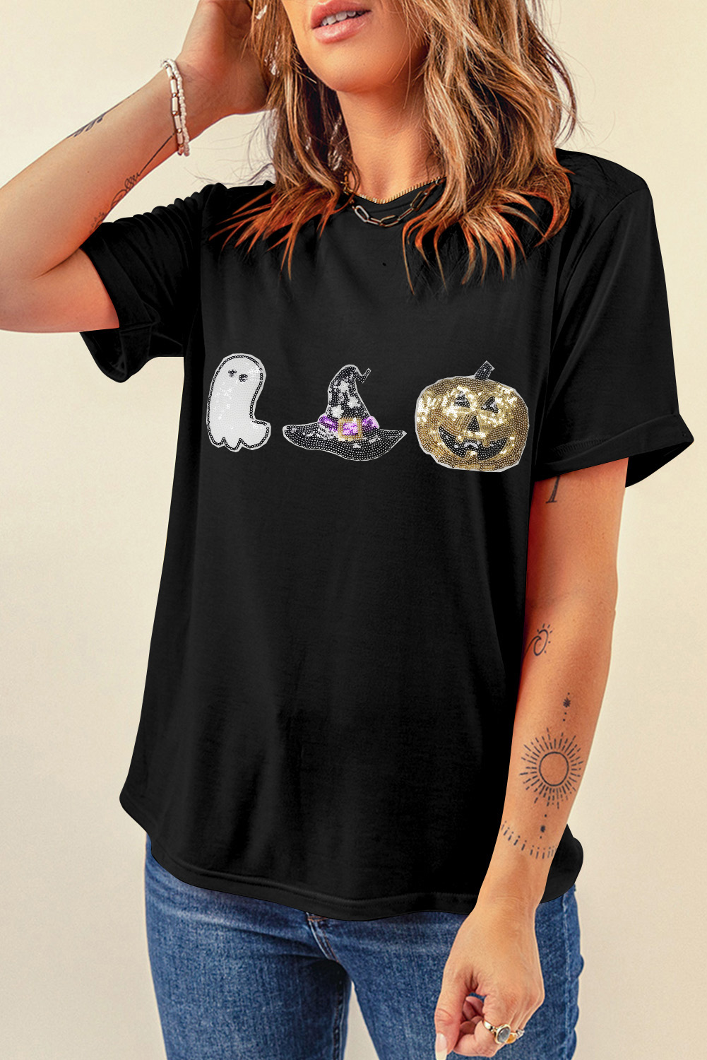 Black Halloween Sequin Pattern Patched Crewneck Tee - loveforevers