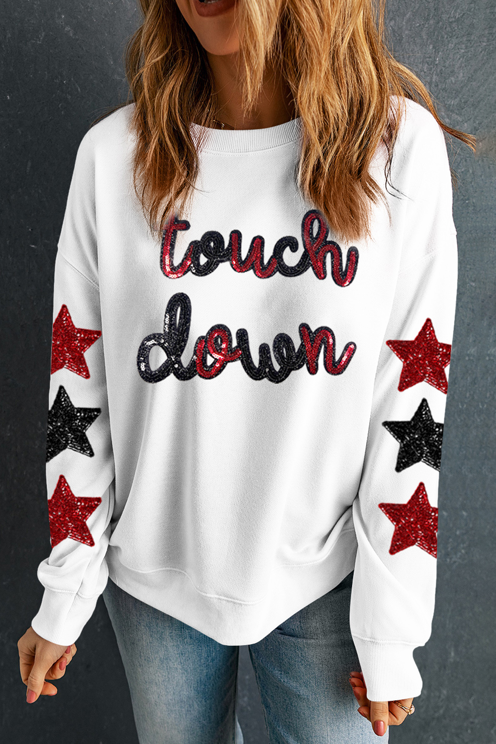 Beige Sequined Touch Down Graphic Star Drop Shoulder Sweatshirt - loveforevers