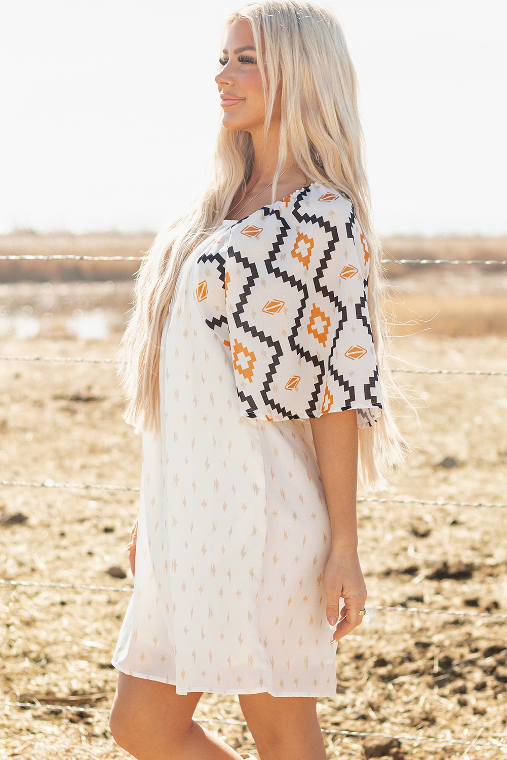 Beige Western Aztec Print Pleated Square Neck Loose Mini Dress - loveforevers