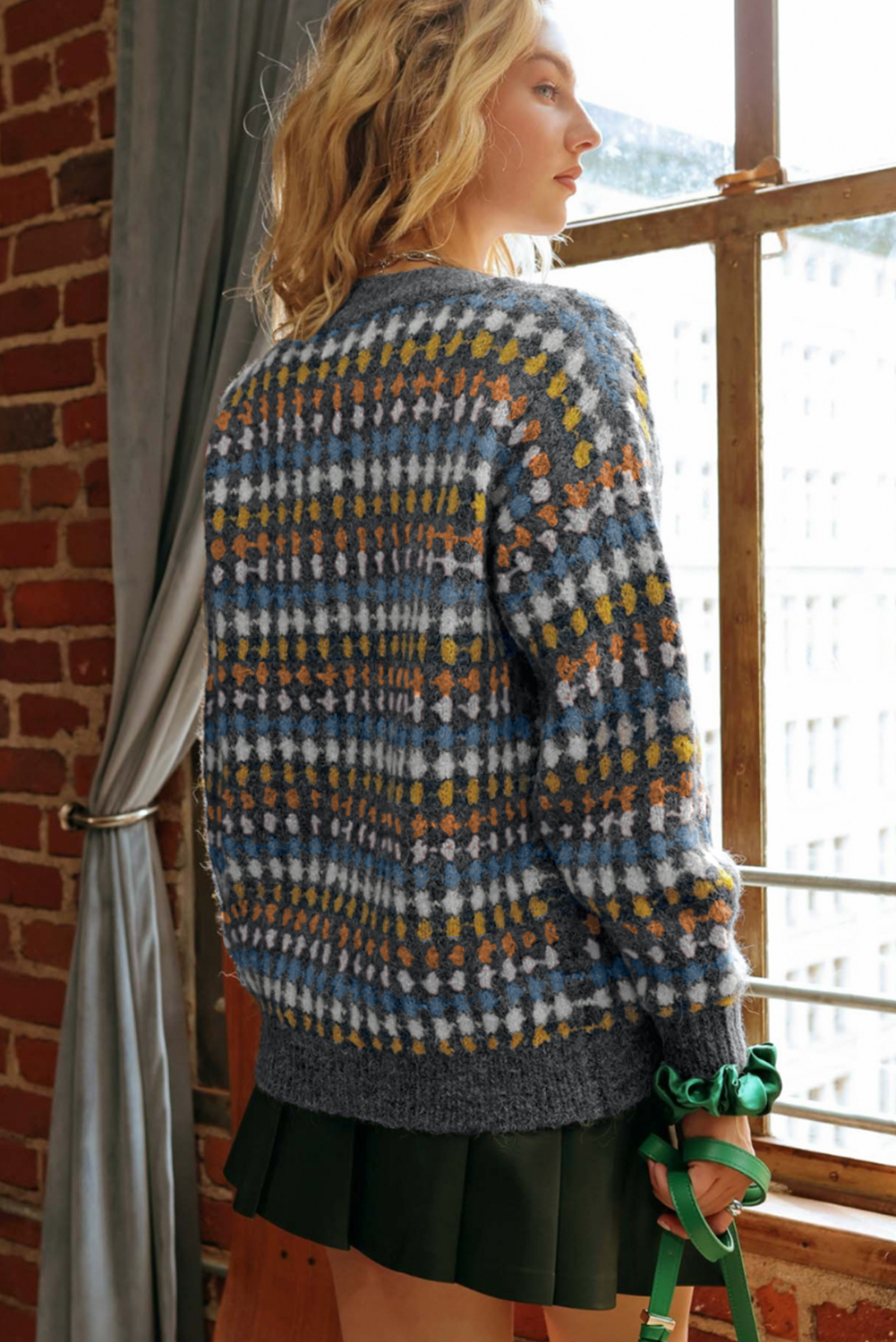 Gray Dotty Pattern Knit Button Front V Neck Sweater Cardigan - loveforevers