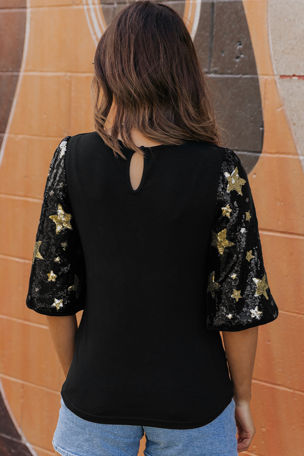 Black Star Sequin Splicing Half Sleeve Top - loveforevers