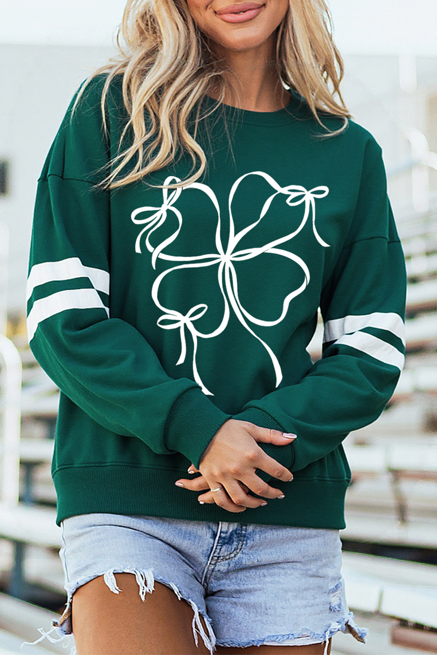 Evergreen Ribbon Bow Lucky Clover Varsity Striped Sleeve Casual Sweatshirt - loveforevers