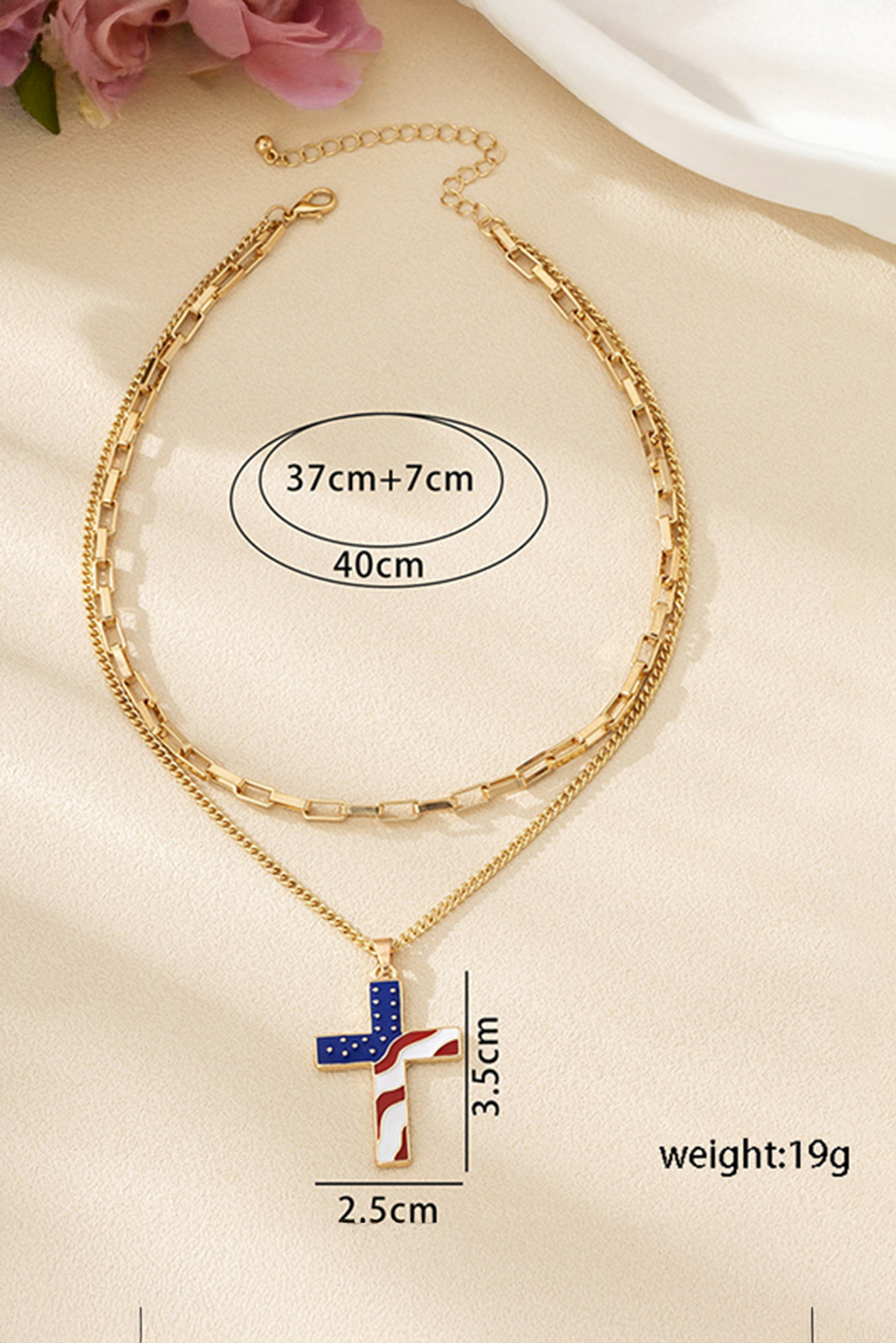 Gold Plated Double Chain Stars and Stripes Cross Pendent Necklace - loveforevers