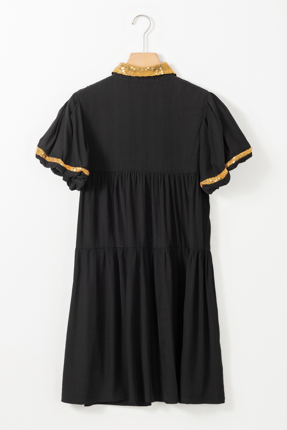 Black Sequin Trim Bubble Sleeve Game Day Shirt Dress - loveforevers