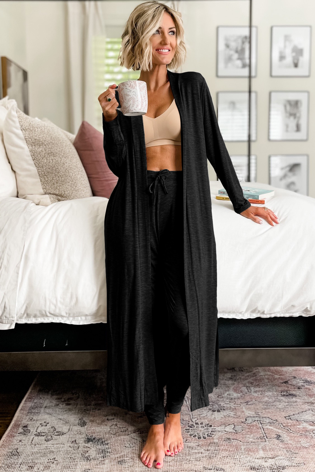 Parchment Split Long Cardigan and Skinny Pants Lounge Set - loveforevers