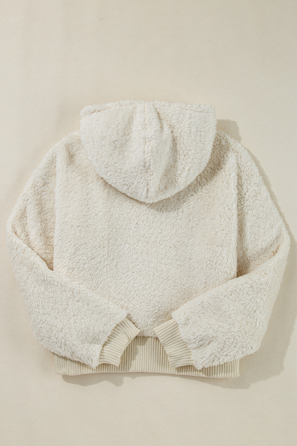White Contrast Ribbed Edge Plush Hoodie - loveforevers
