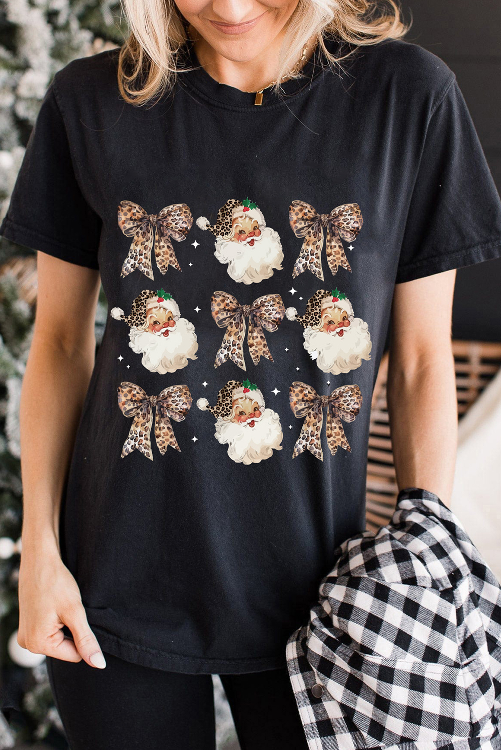 Black Santa Claus Leopard Bow Print Crew Neck Casual T Shirt - loveforevers