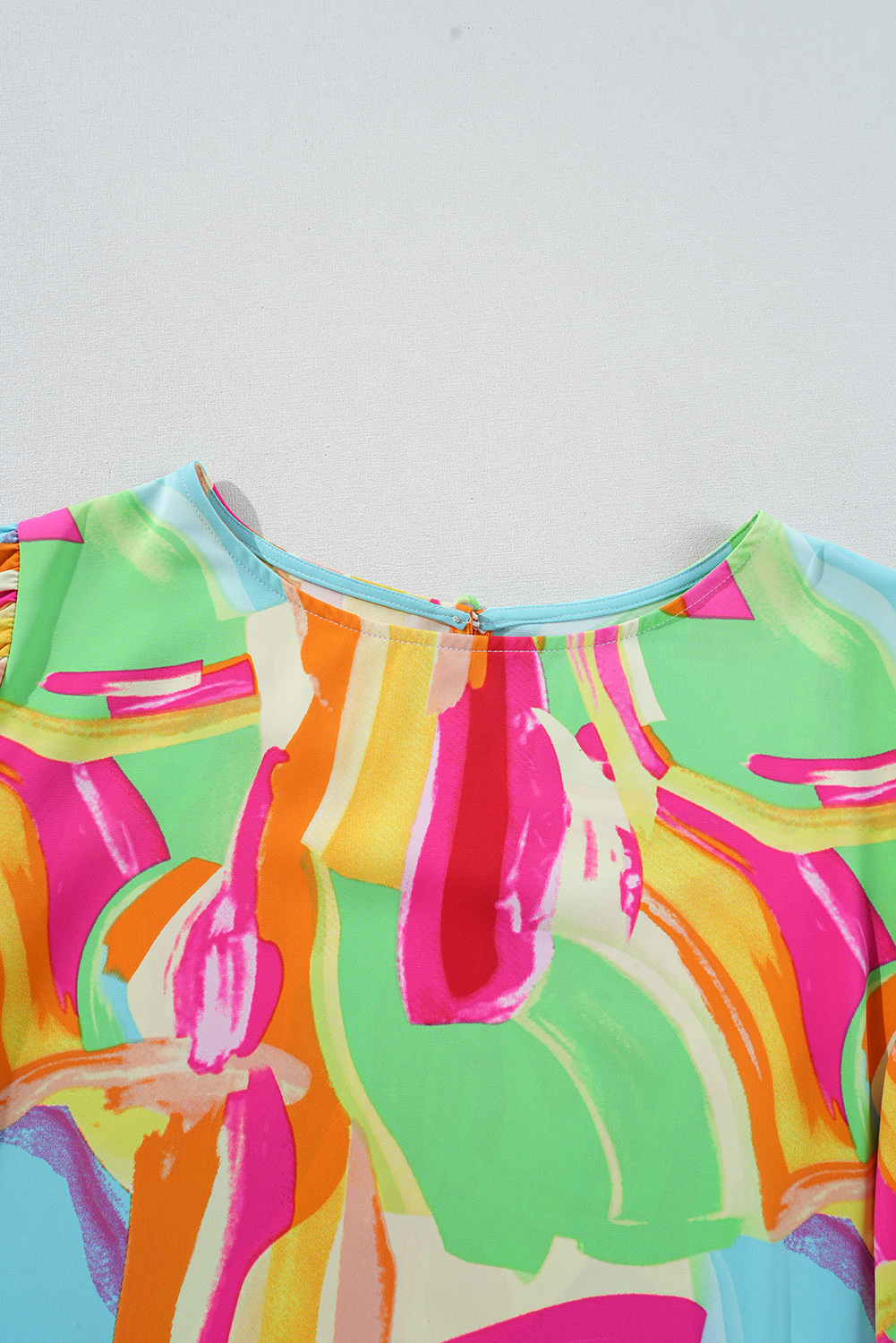 Multicolour Abstract Print Keyhole Back Pleated Half Sleeve Blouse - loveforevers