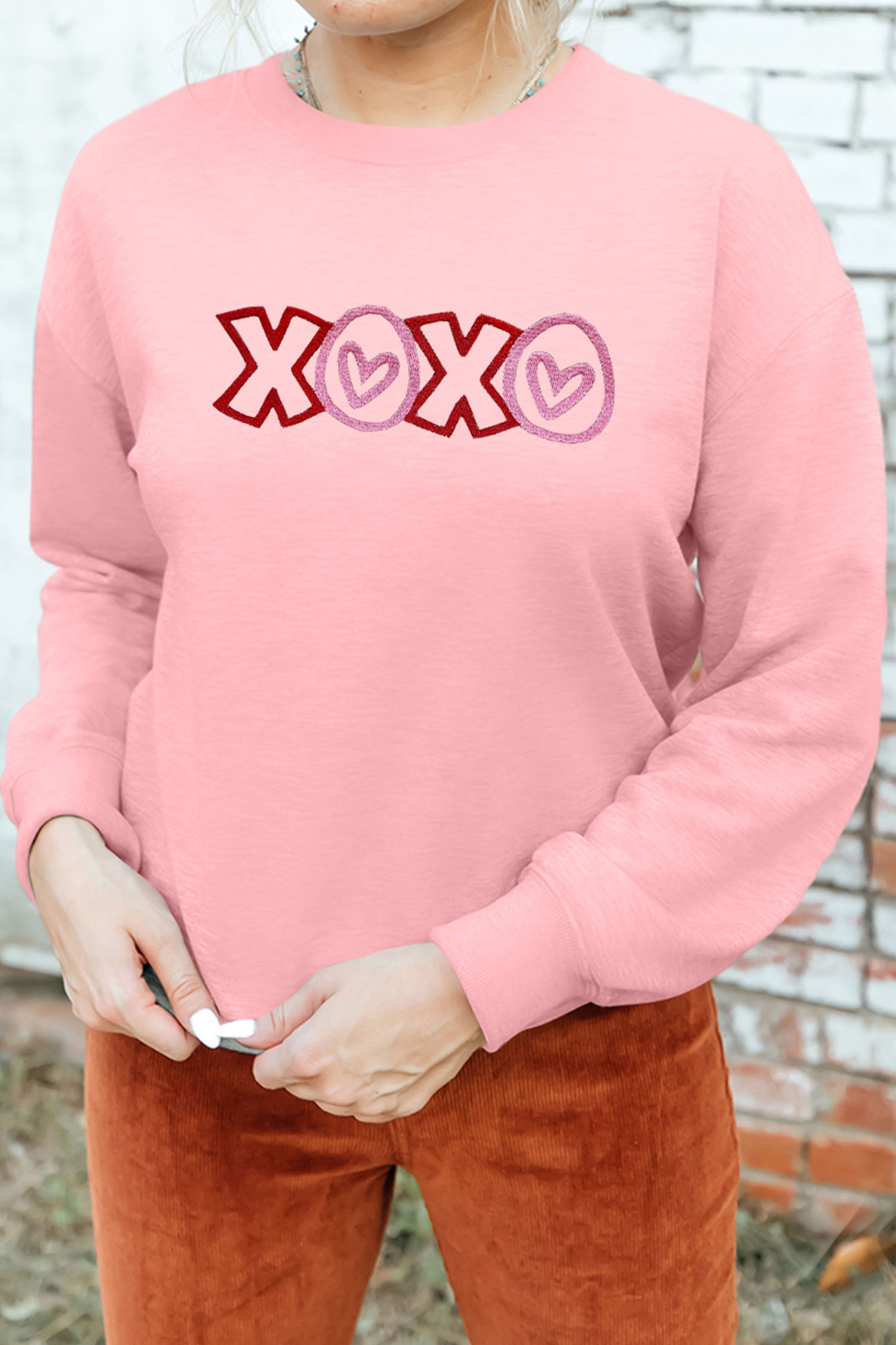 Pink XOXO Playful Embroidered Valentines Day Sweatshirt - loveforevers