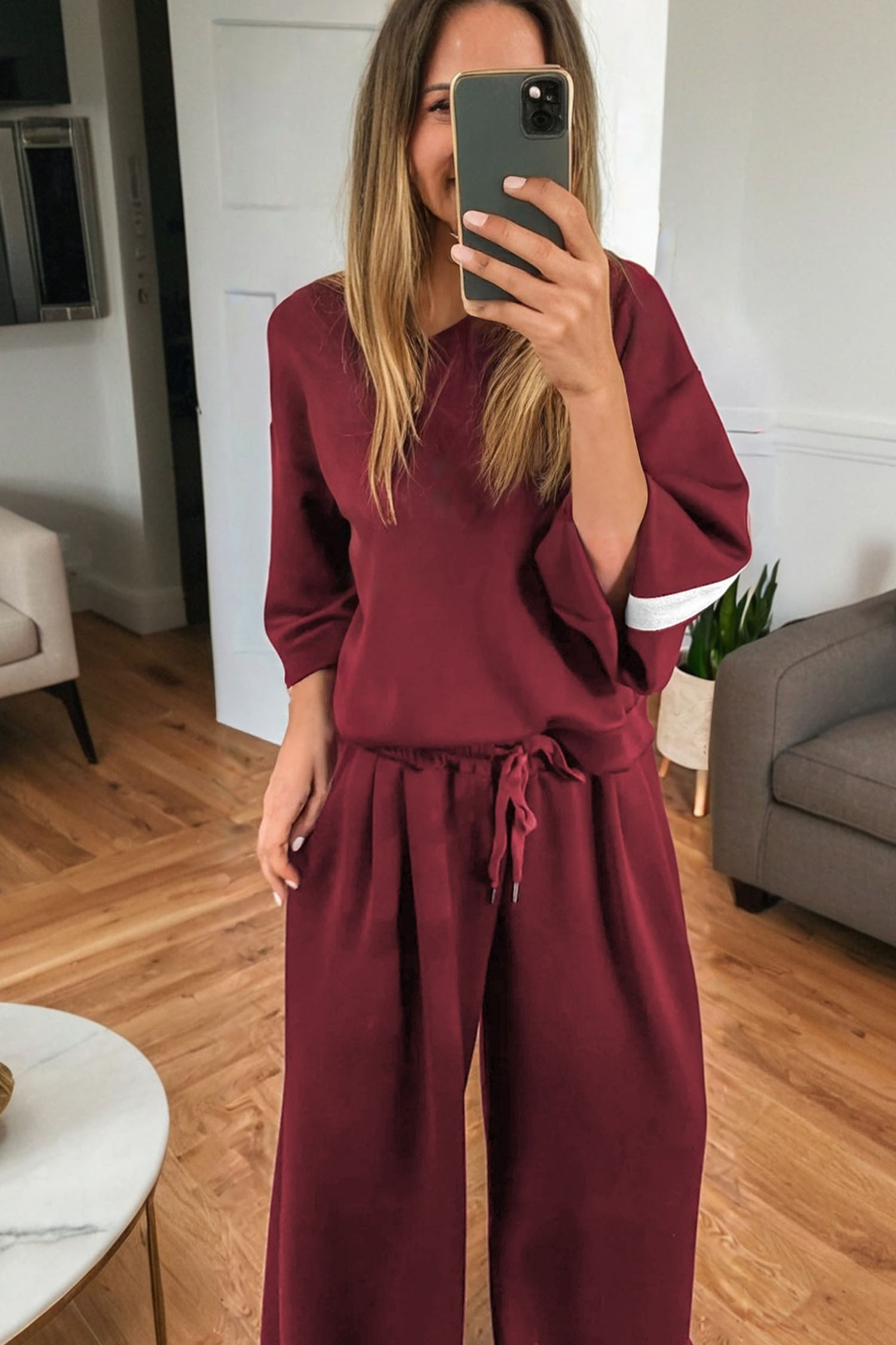 Burgundy Varsity Striped 3/4 Sleeve Pullover Drawstring Sweatpants Set - loveforevers