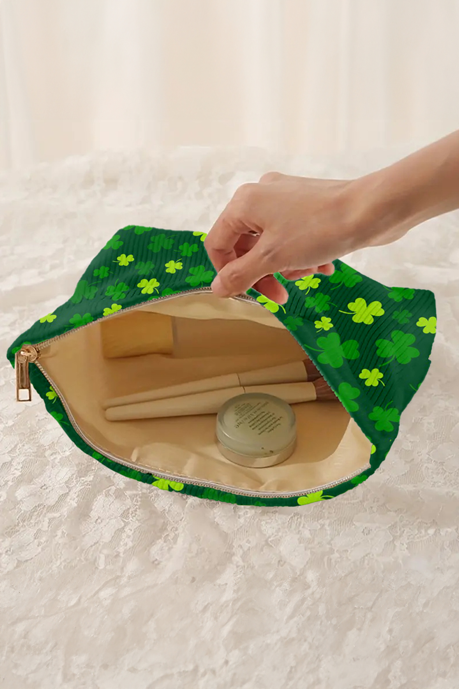 Blackish Green St Patricks Lucky Clover Printed Soft Ribbed Makeup Bag - loveforevers