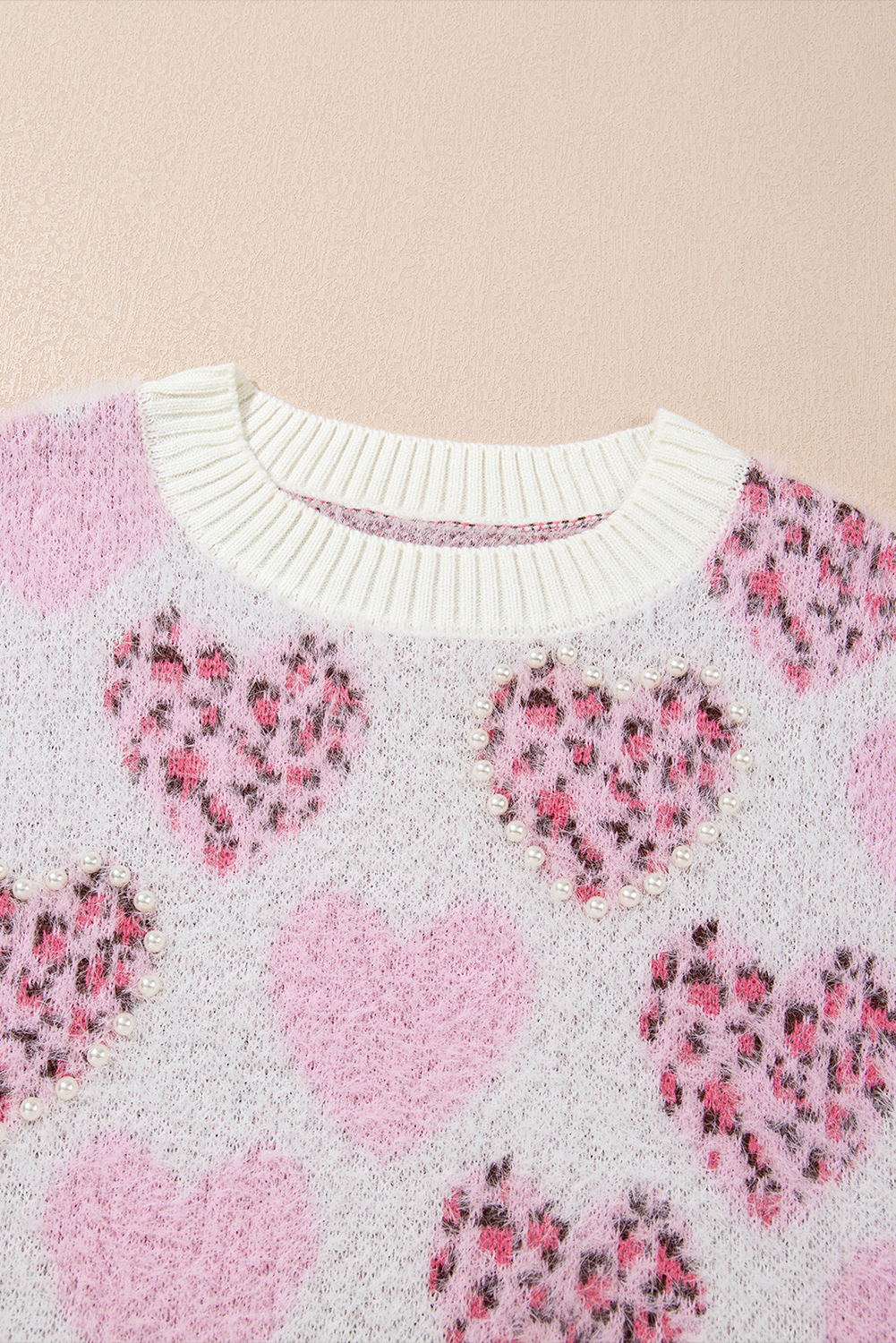 Pink Heart Leopard Print Pearled Ribbed Trim Fuzzy Sweater - loveforevers