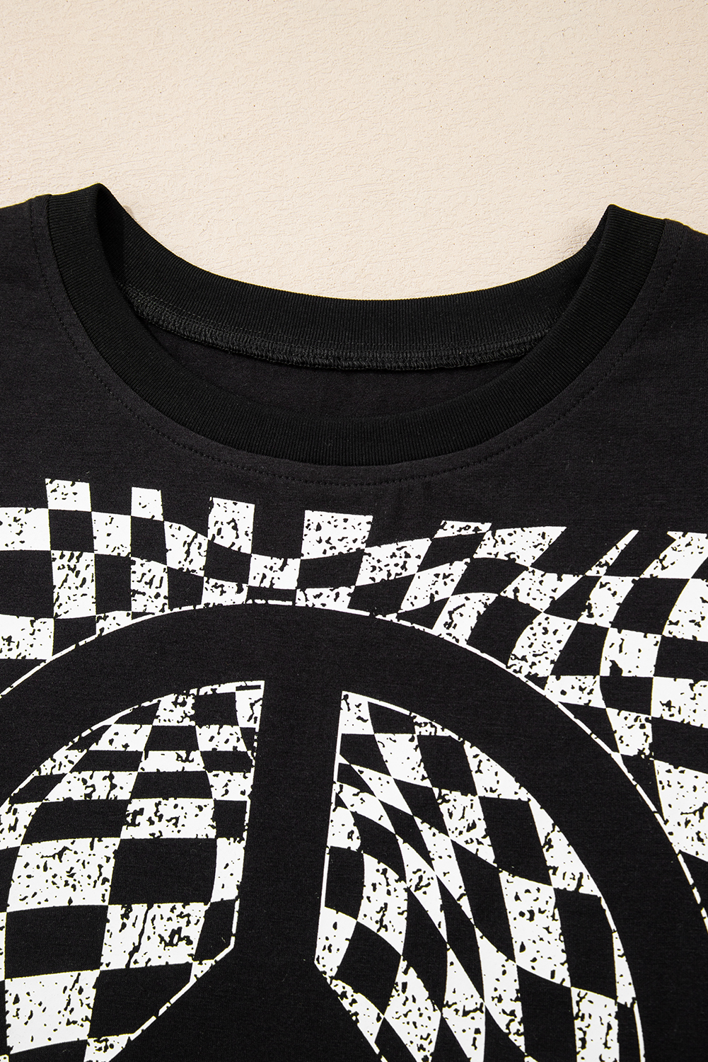 Black Checkerboard Peace Sign Printed Round Neck T Shirt - loveforevers