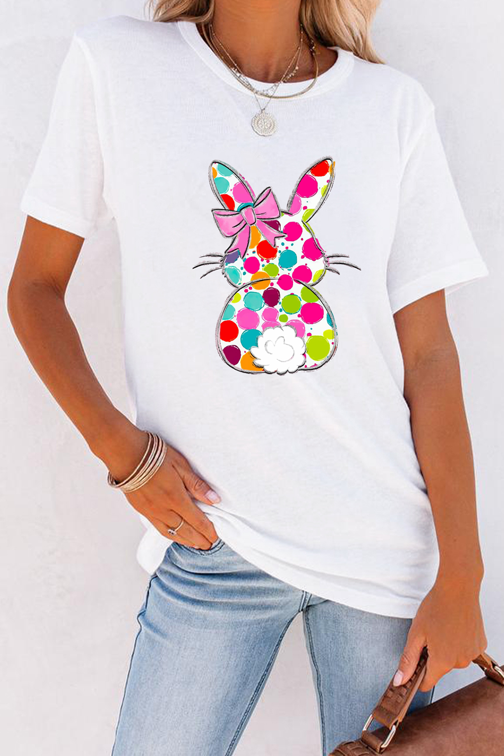 White Polka Dot Bow Rabbit Graphic Crewneck Easter Fashion Tee - loveforevers