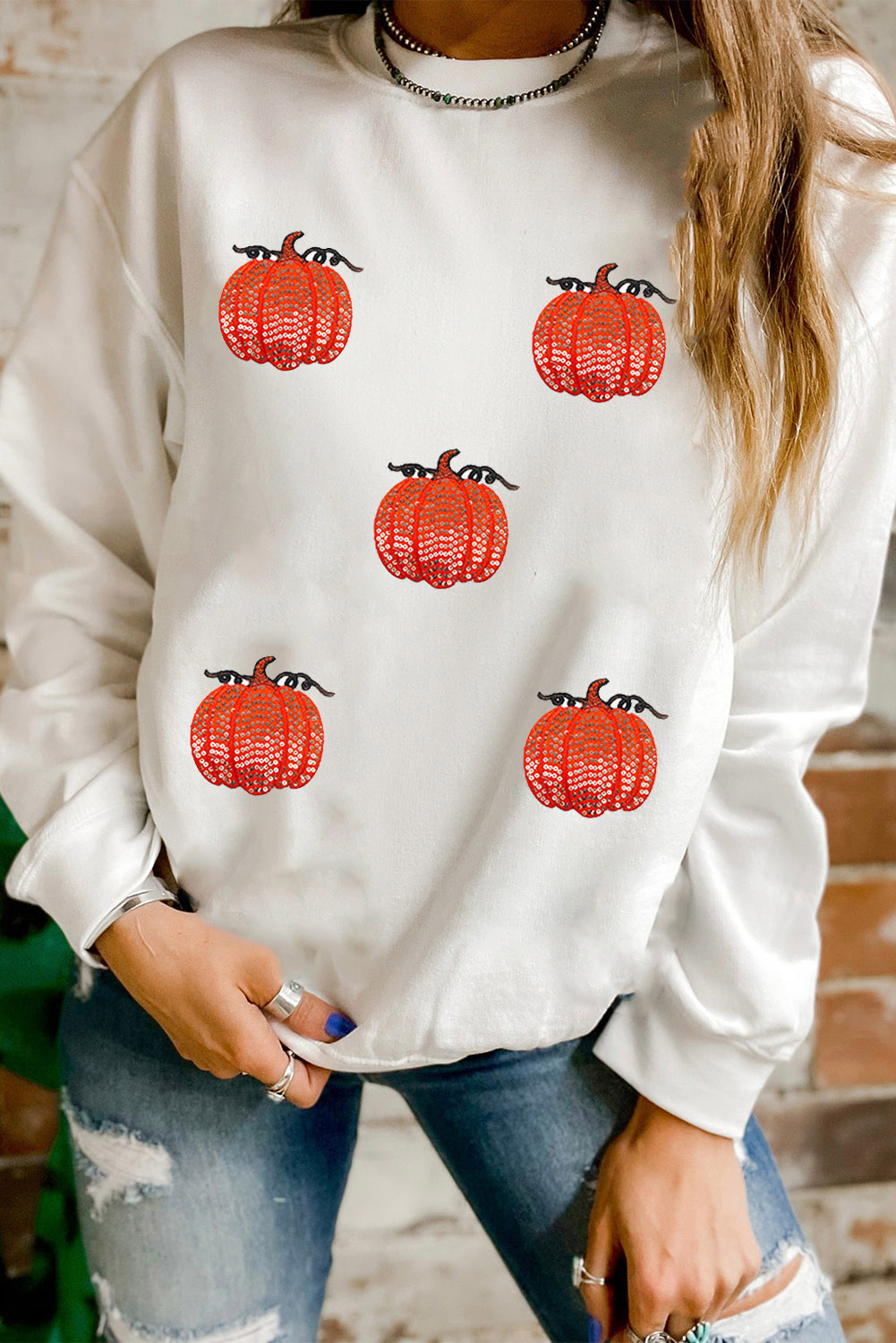 White Sequin Pumpkin Patched Drop Shoulder Sweatshirt - loveforevers
