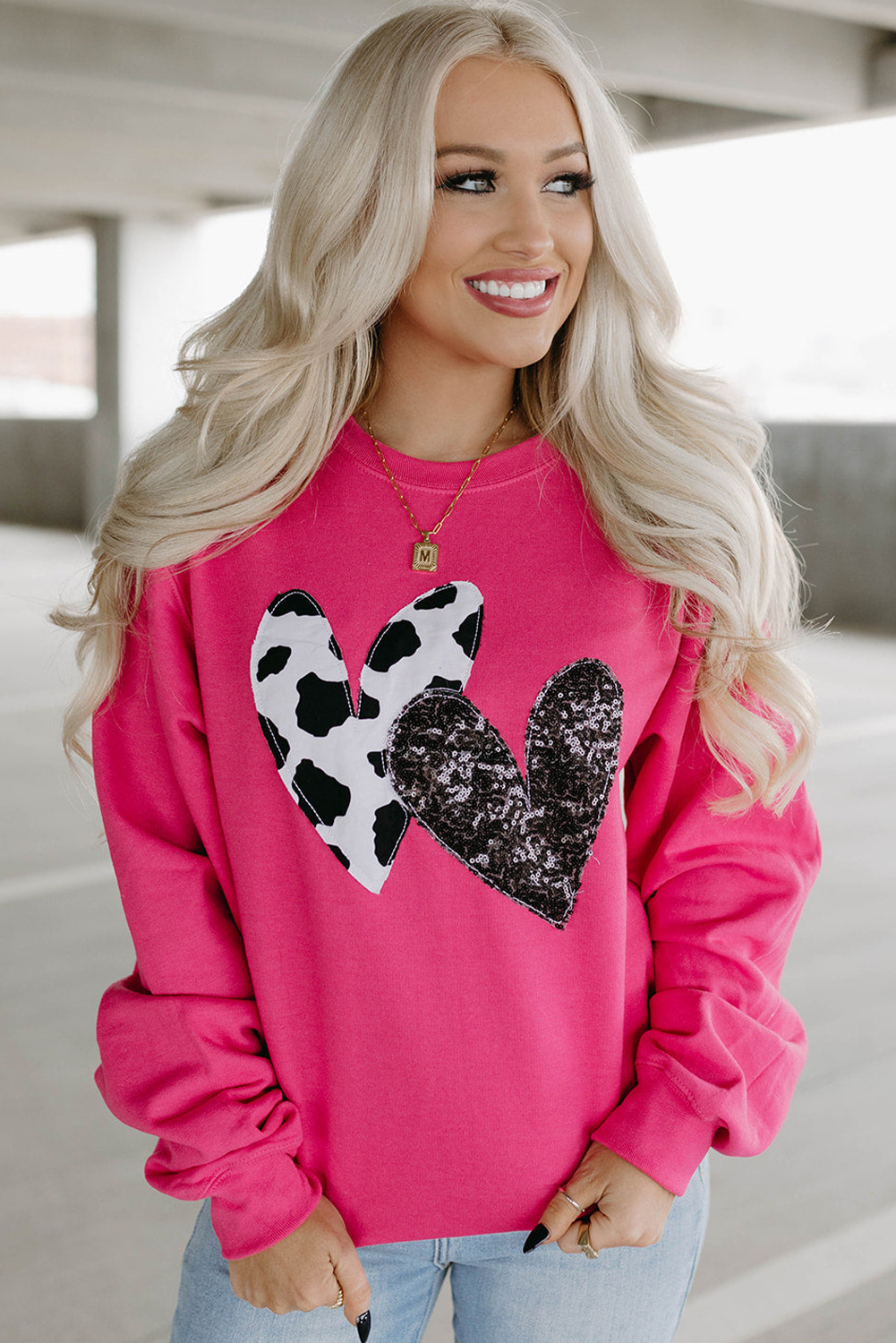 Strawberry Pink Cow & Sequin Double Heart Patch Graphic Sweatshirt - loveforevers