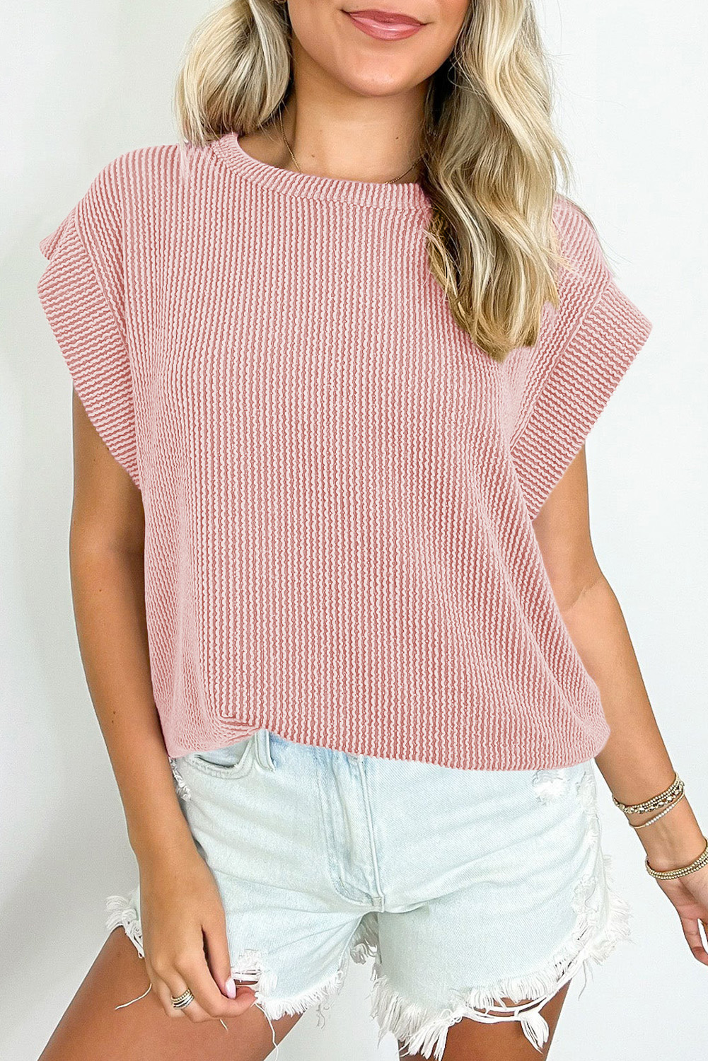 Gray Twisted Rib Wide Sleeve Crew Neck T Shirt - loveforevers