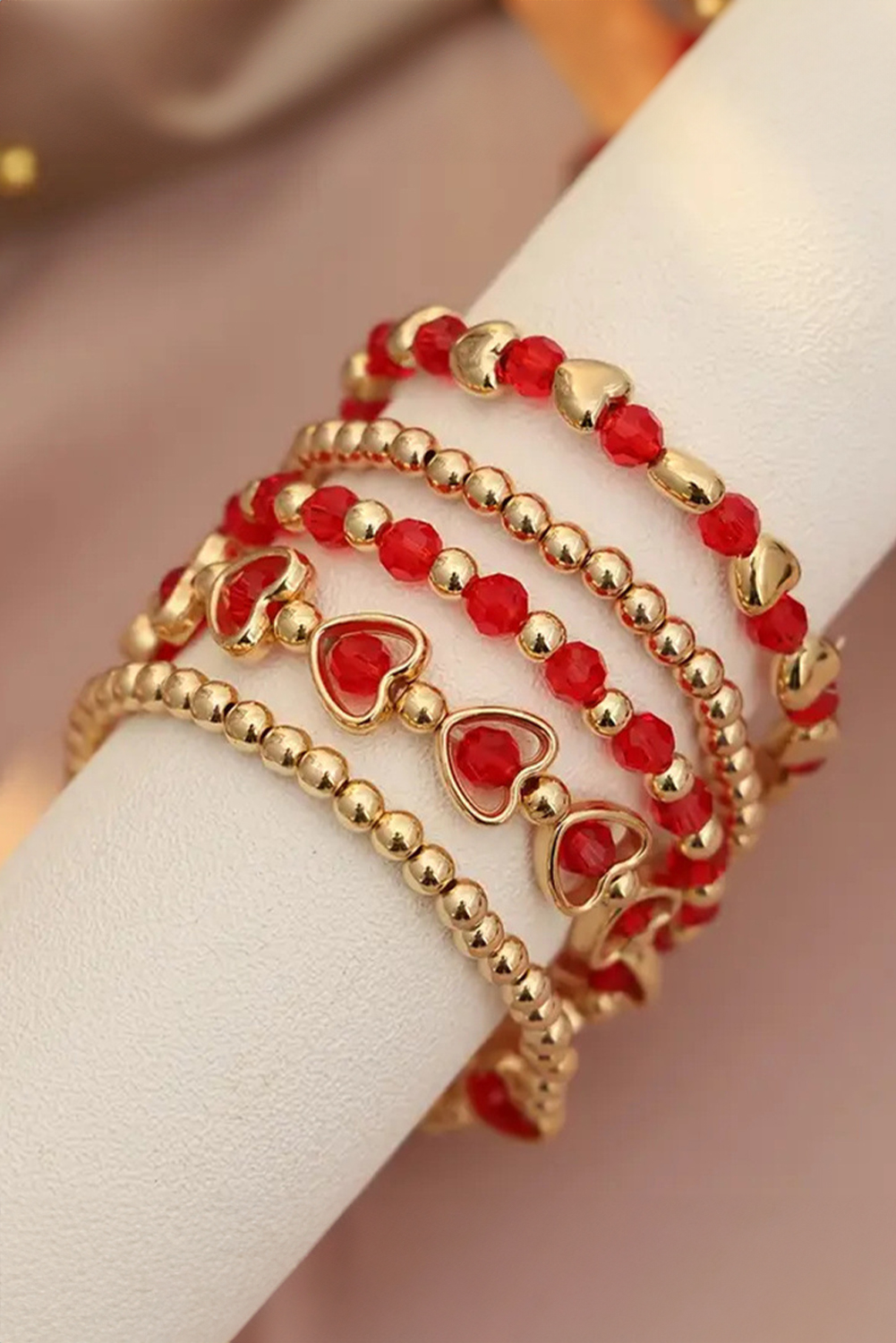 Fiery Red Heart Shape Plated Beaded Elastic Bracelet Set - loveforevers