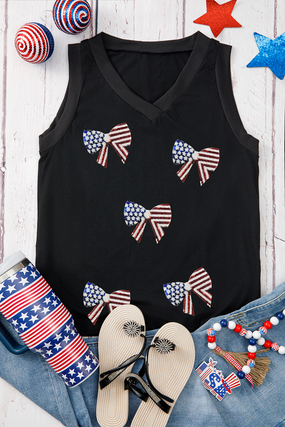 Black Flag Inspired Sequin Bow Patched V Neck Tank Top - loveforevers