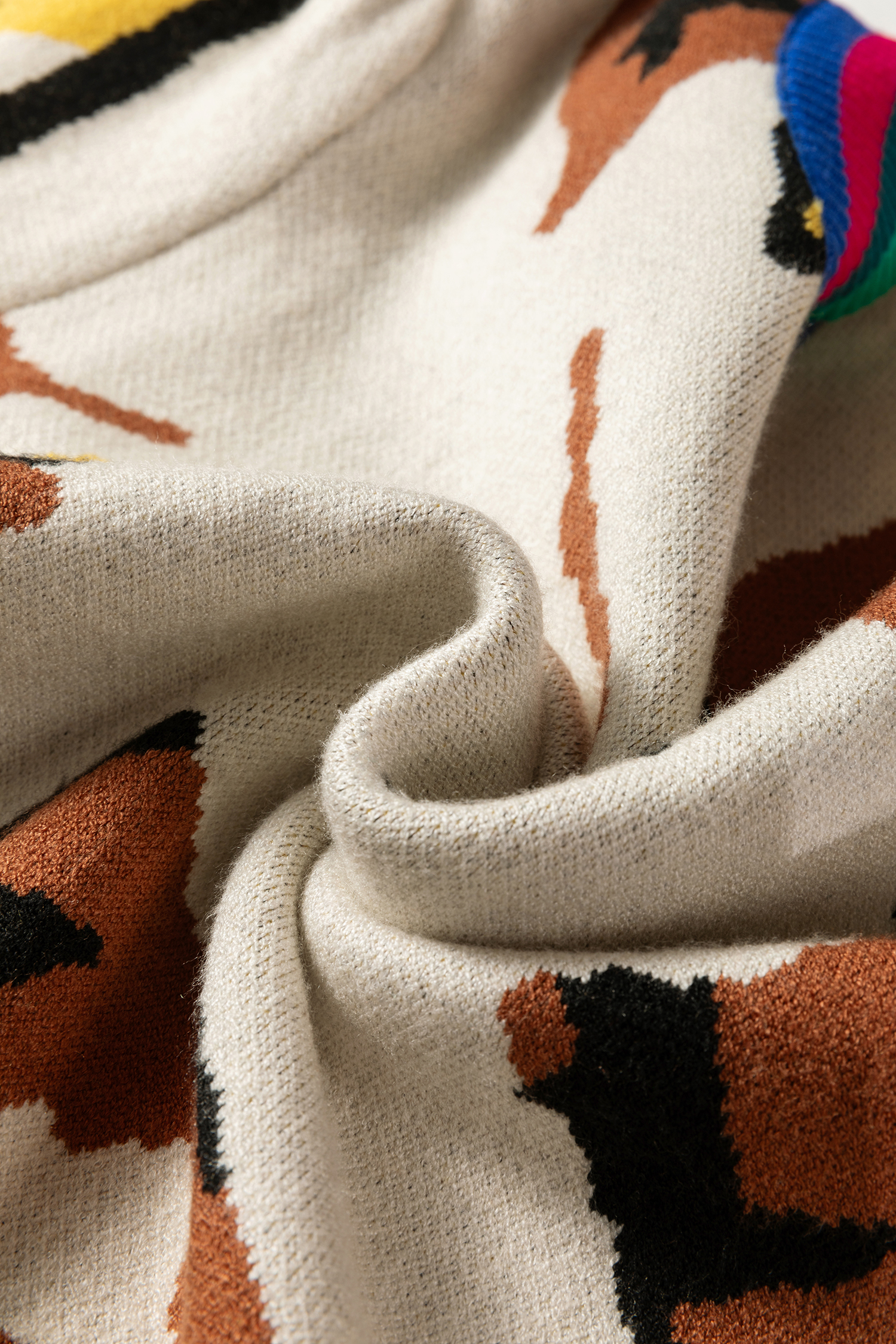 Apricot Contrast Ribbed Stripes Detail Animal Pattern Knit Sweater - loveforevers