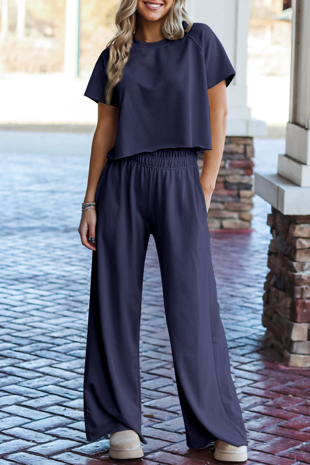 Navy Blue Raw Hem Loose Tee and Wide Leg Pants Set - loveforevers