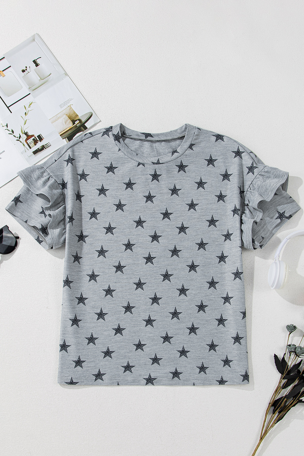 Gray Star Print Tiered Ruffled Sleeve Crew Neck T Shirt - loveforevers