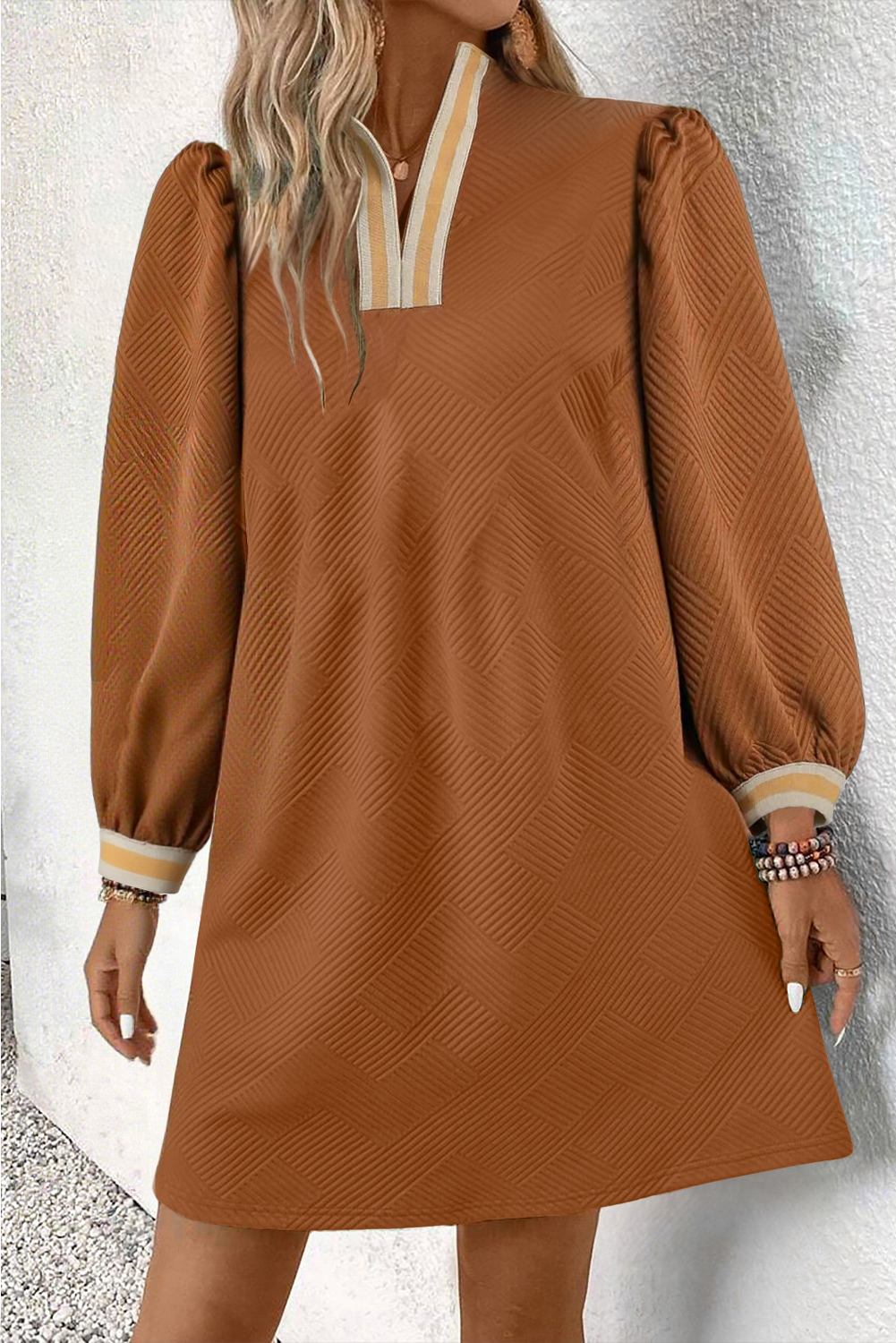 Chestnut Textured Contrast Striped Split Neck Long Sleeve Shift Mini Dress - loveforevers