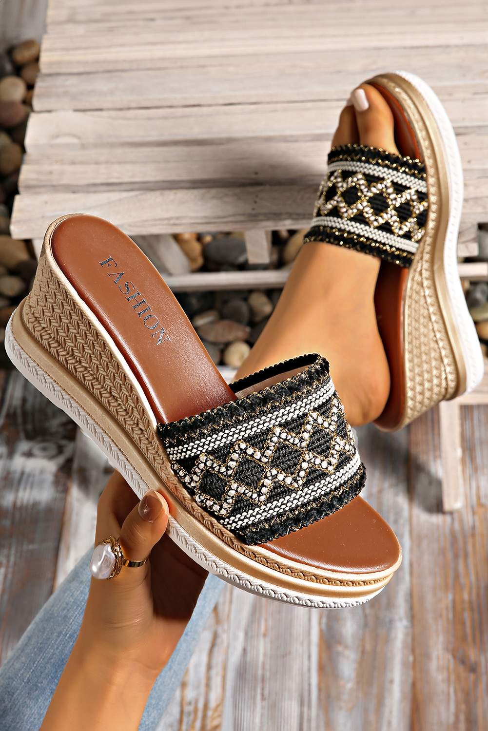 Black Woven Band PU Leather Wedge Slippers - loveforevers