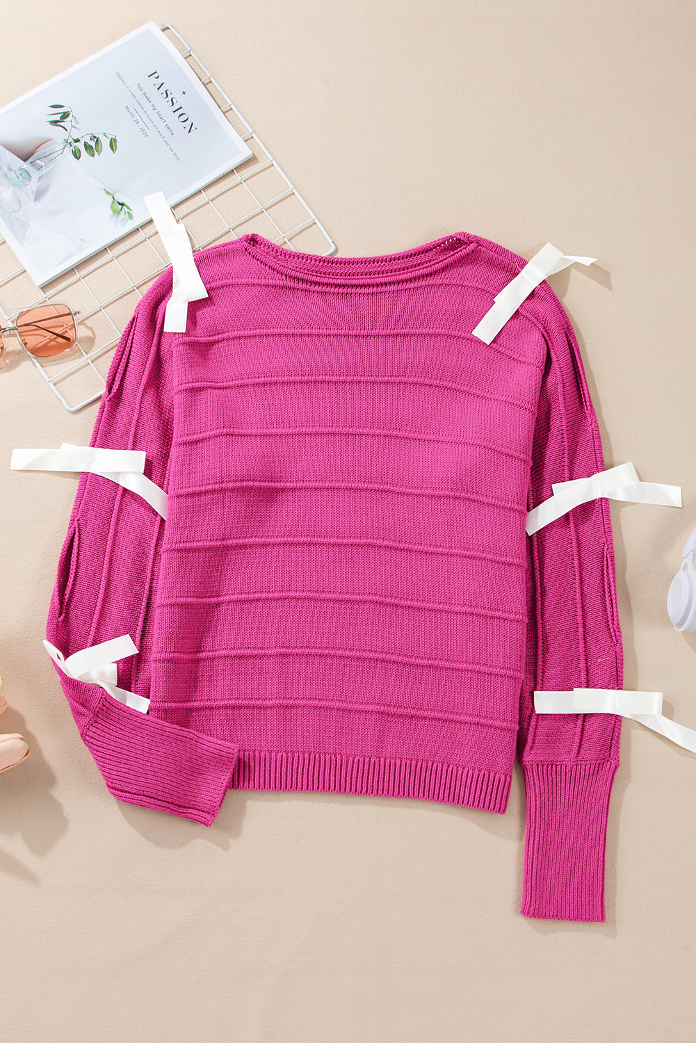 Rose Red Bow Knot Cut Out Round Neck Loose Sweater - loveforevers