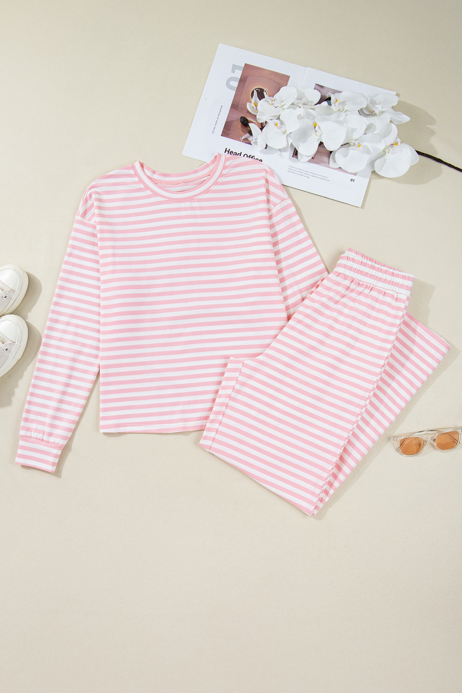 Rose Stripe Drop Shoulder Round Neck Top and Buttoned Straight Pants Two Piece Set - loveforevers