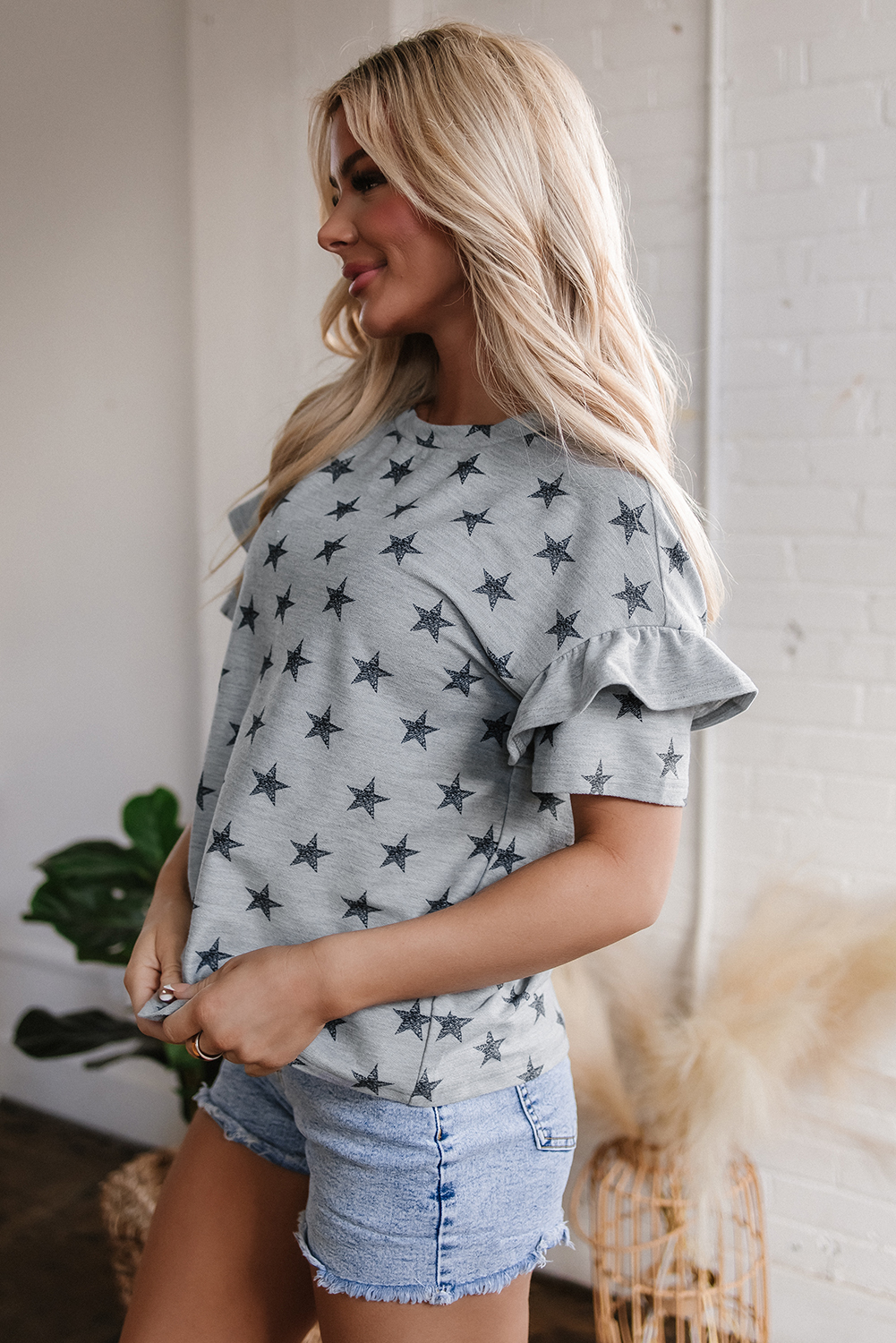 Gray Star Print Tiered Ruffled Sleeve Crew Neck T Shirt - loveforevers