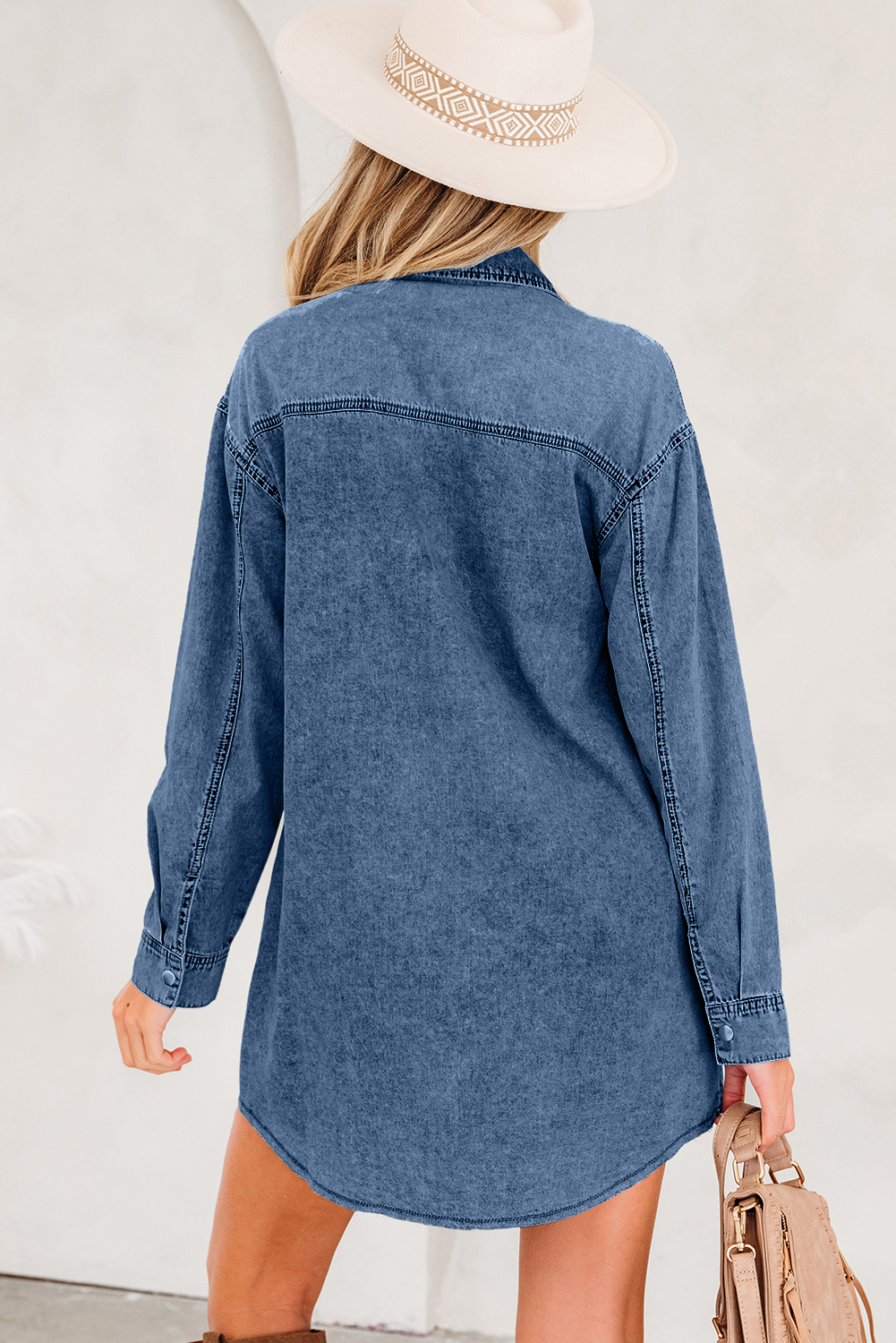 Blue Beau Chest Pocket Raw Hem Denim Loose Shirt Dress - loveforevers