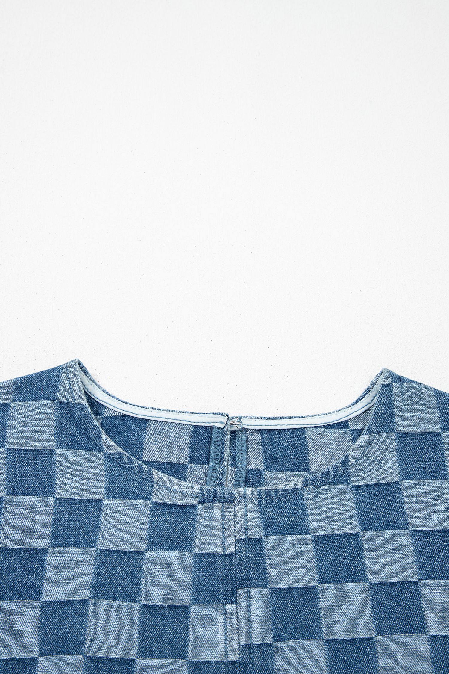 Sky Blue Frayed Hem Checkered Denim Mini Dress - loveforevers
