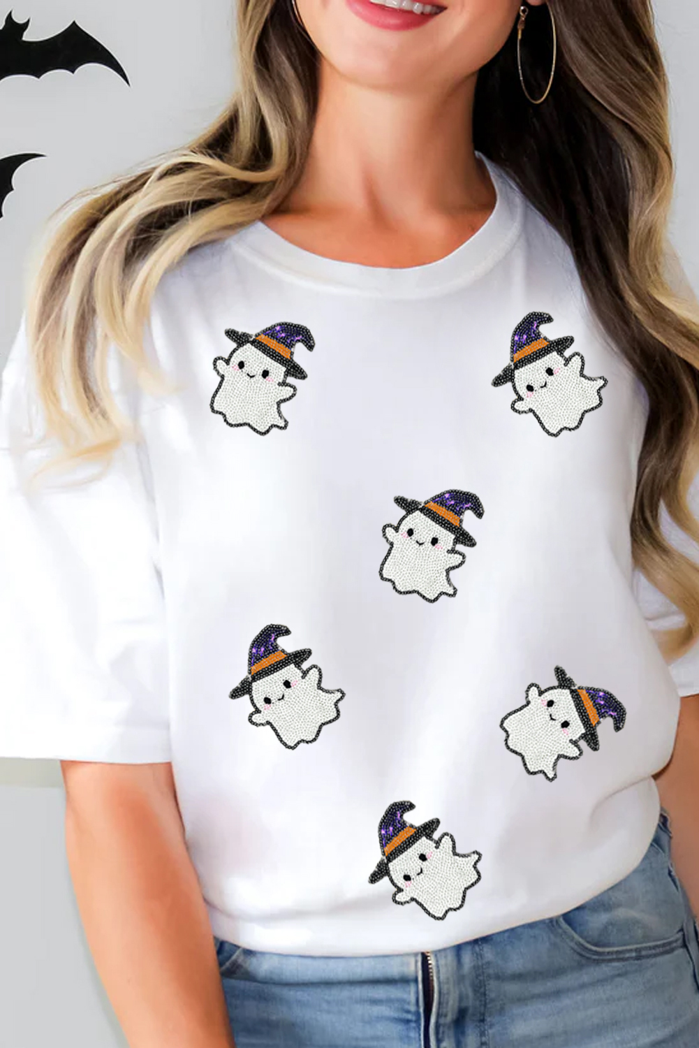 Wisteria Glitter Trim Chenille Ghost Patched Halloween Graphic Tee - loveforevers