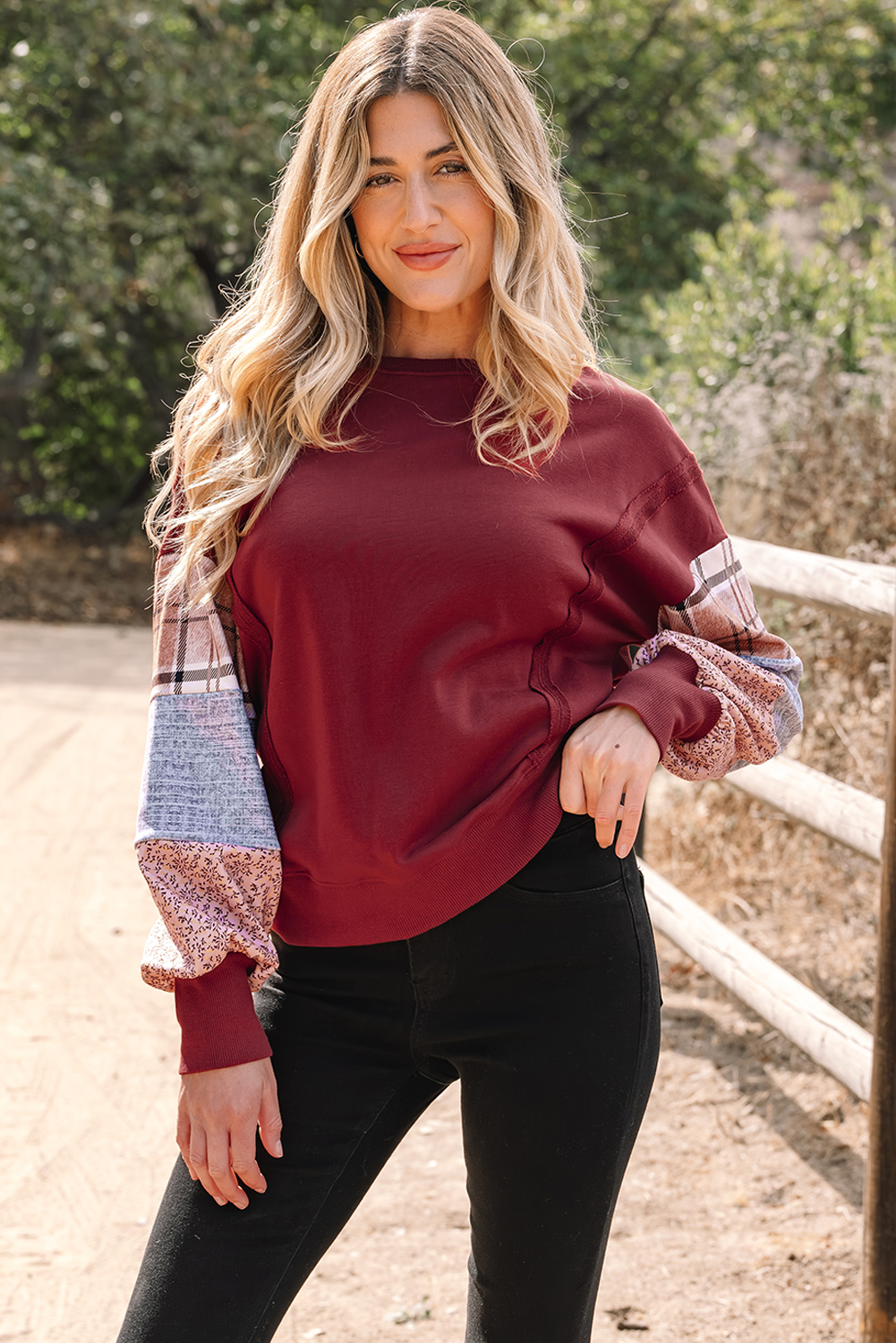 Red Sandalwood Plaid Colorblock Patchwork Sleeve Raw Seam Sweatshirt - loveforevers